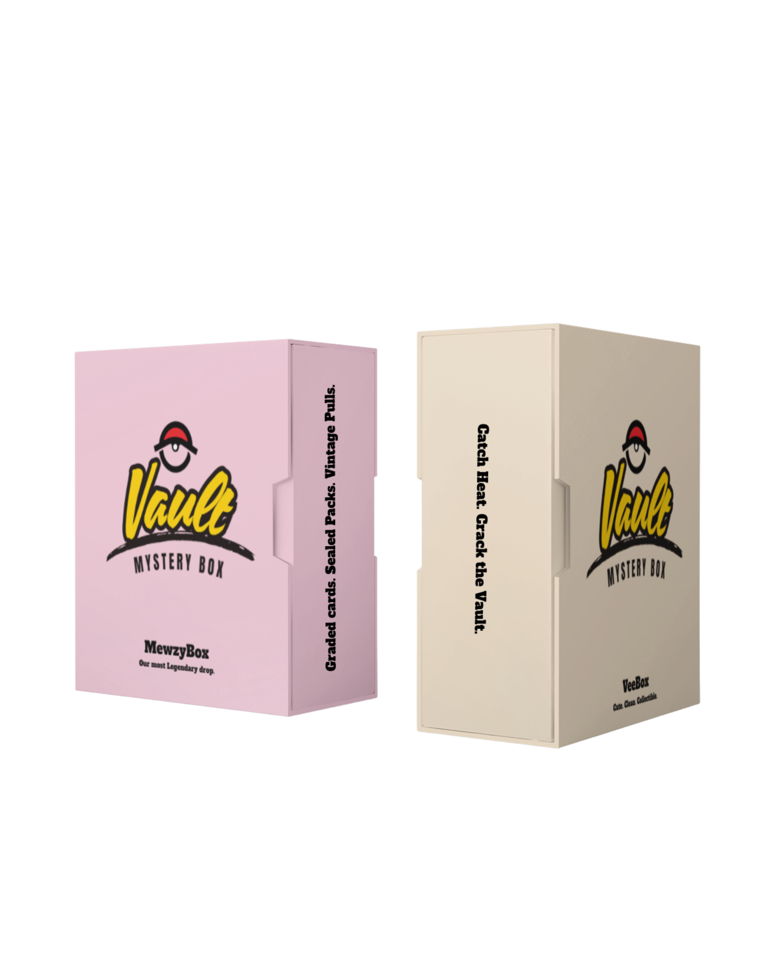 Two mystery boxes labeled Vault Mystery Box, one pink with a logo and text about graded cards and sealed packs, and one cream-colored with a logo and text about catch heat and cracking the vault. Pokémon Cards.