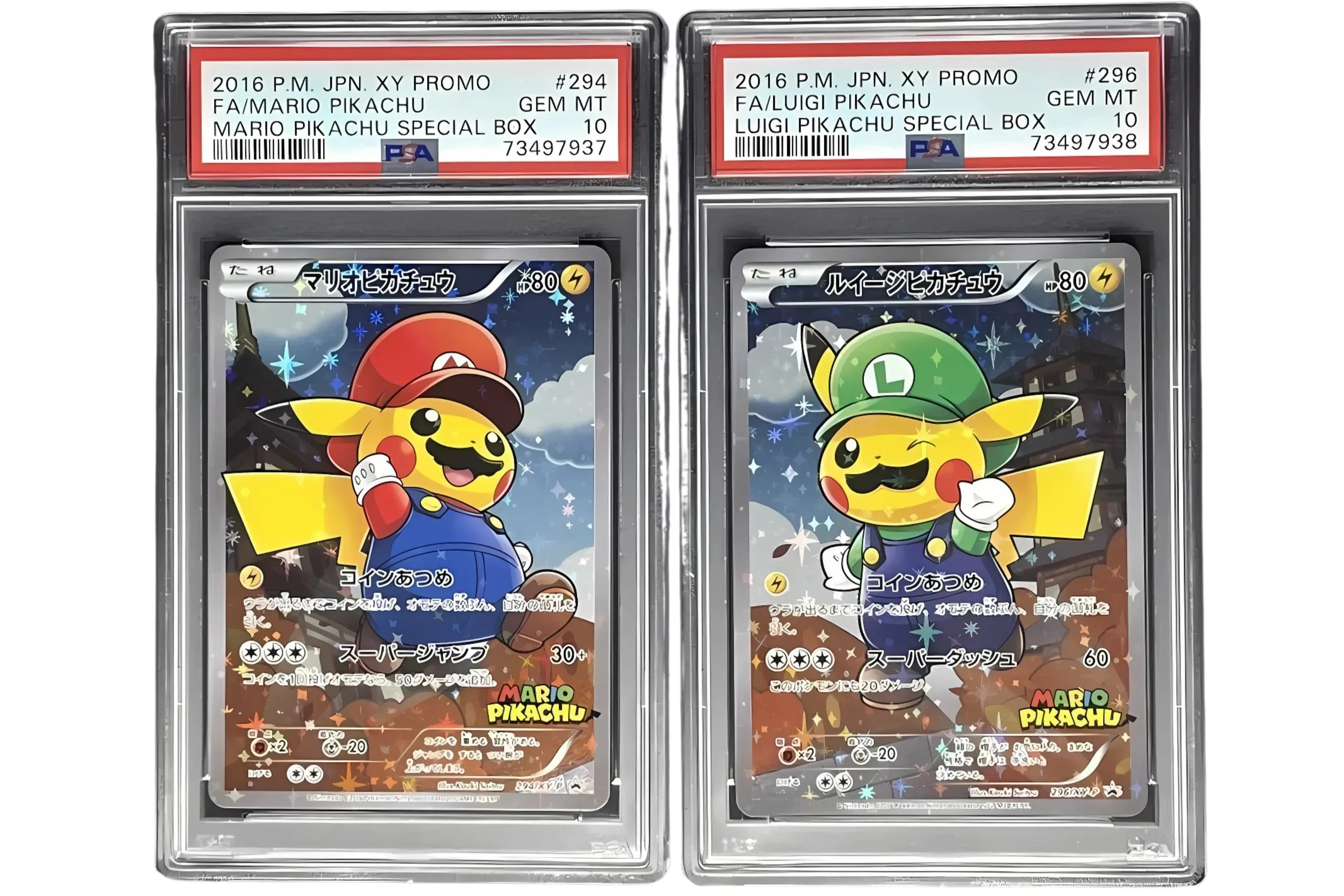 Two graded Pokémon cards featuring Pikachu dressed as Mario and Luigi from the Mario franchise, enclosed in protective cases.