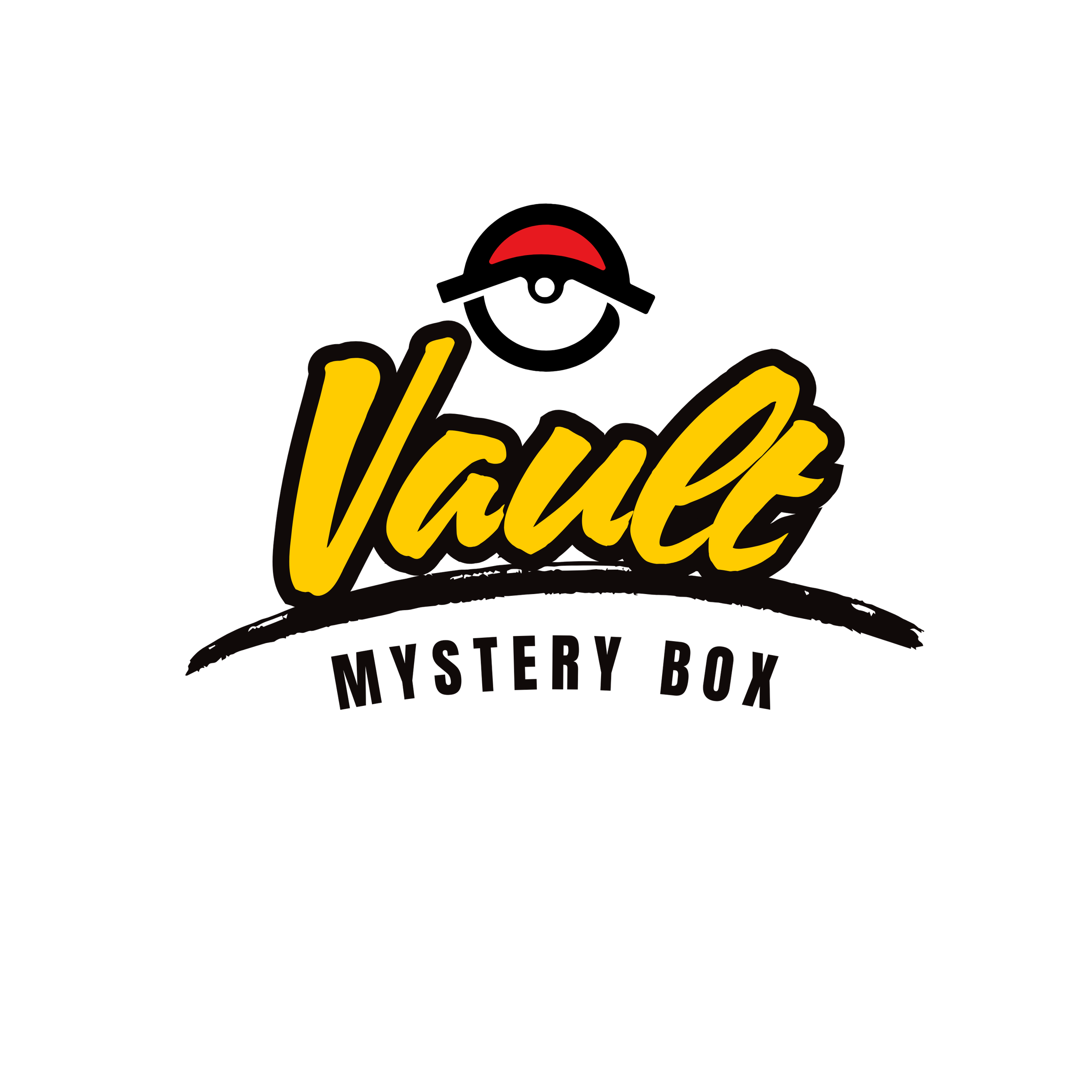 Vault Mystery Box logo with yellow text, black and red accents, and a small red and white capsule above the text. Pokémon Cards.