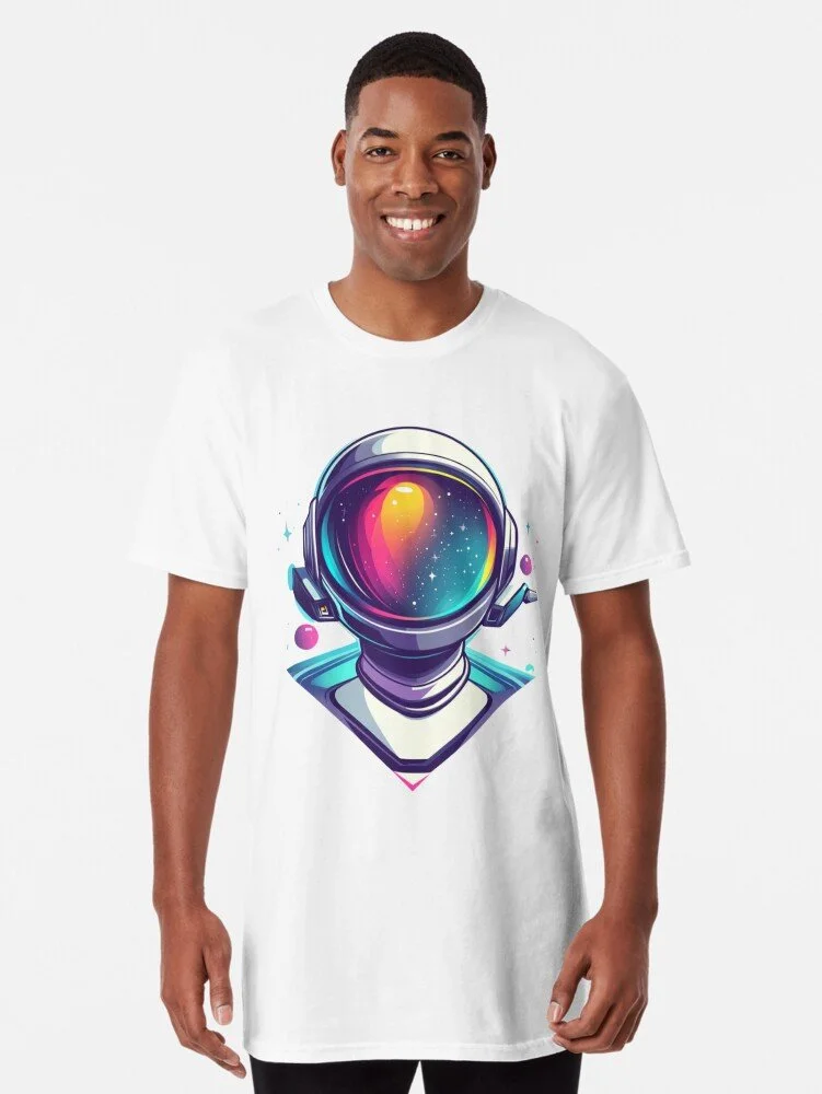 Young man wearing a white T-shirt with a colorful astronaut helmet graphic featuring a starry galaxy inside the visor.