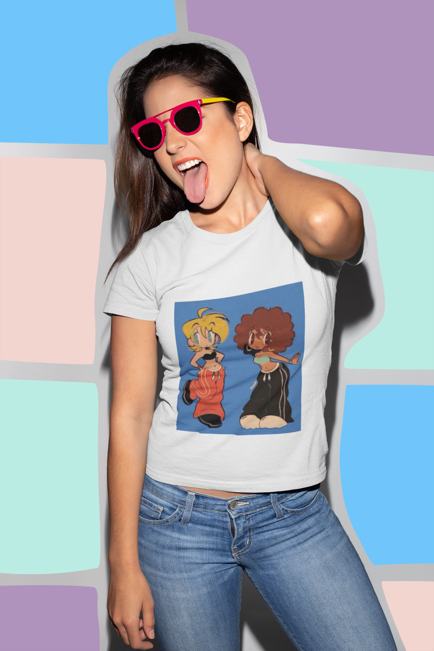 A woman with long dark hair, wearing pink sunglasses and a white T-shirt with a cartoon graphic, is posing with her tongue out and her left hand on her neck. The background has abstract pastel-colored shapes.