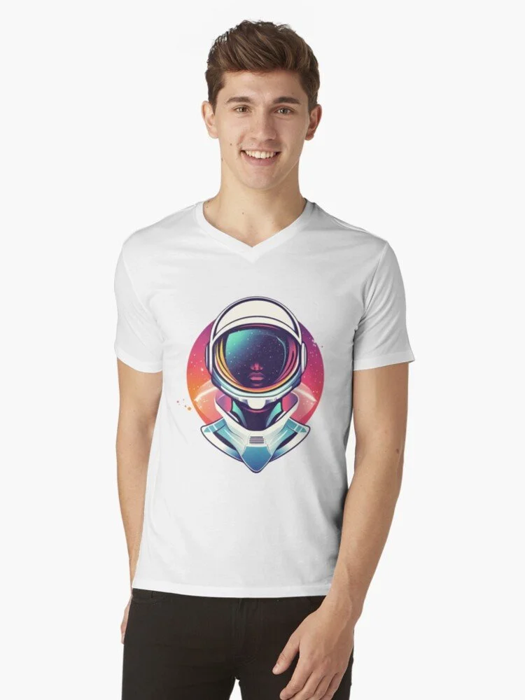 Young man wearing a white t-shirt with an astronaut helmet design featuring a galaxy and a face reflected in the visor.