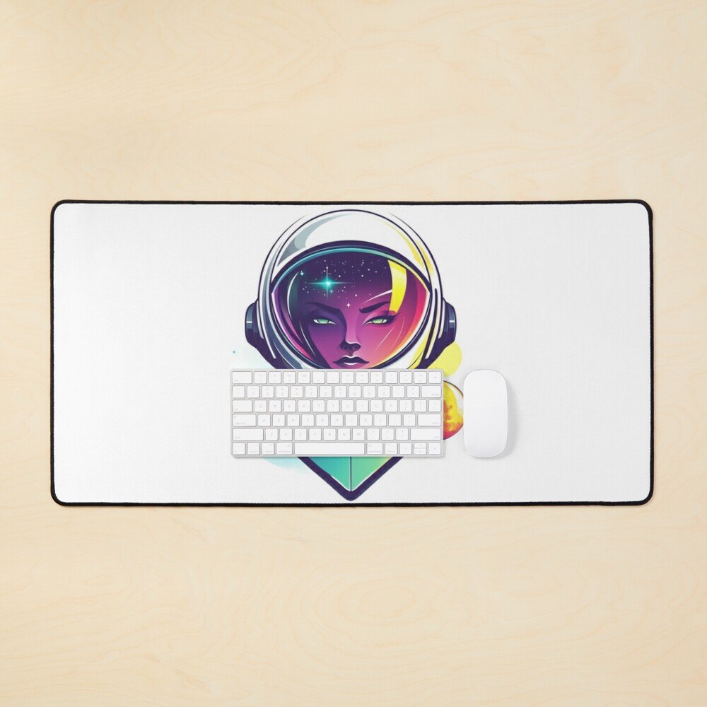 A desk mat with an illustration of a woman's face wearing a space helmet, set against a galaxy background, with a wireless keyboard and mouse on top.