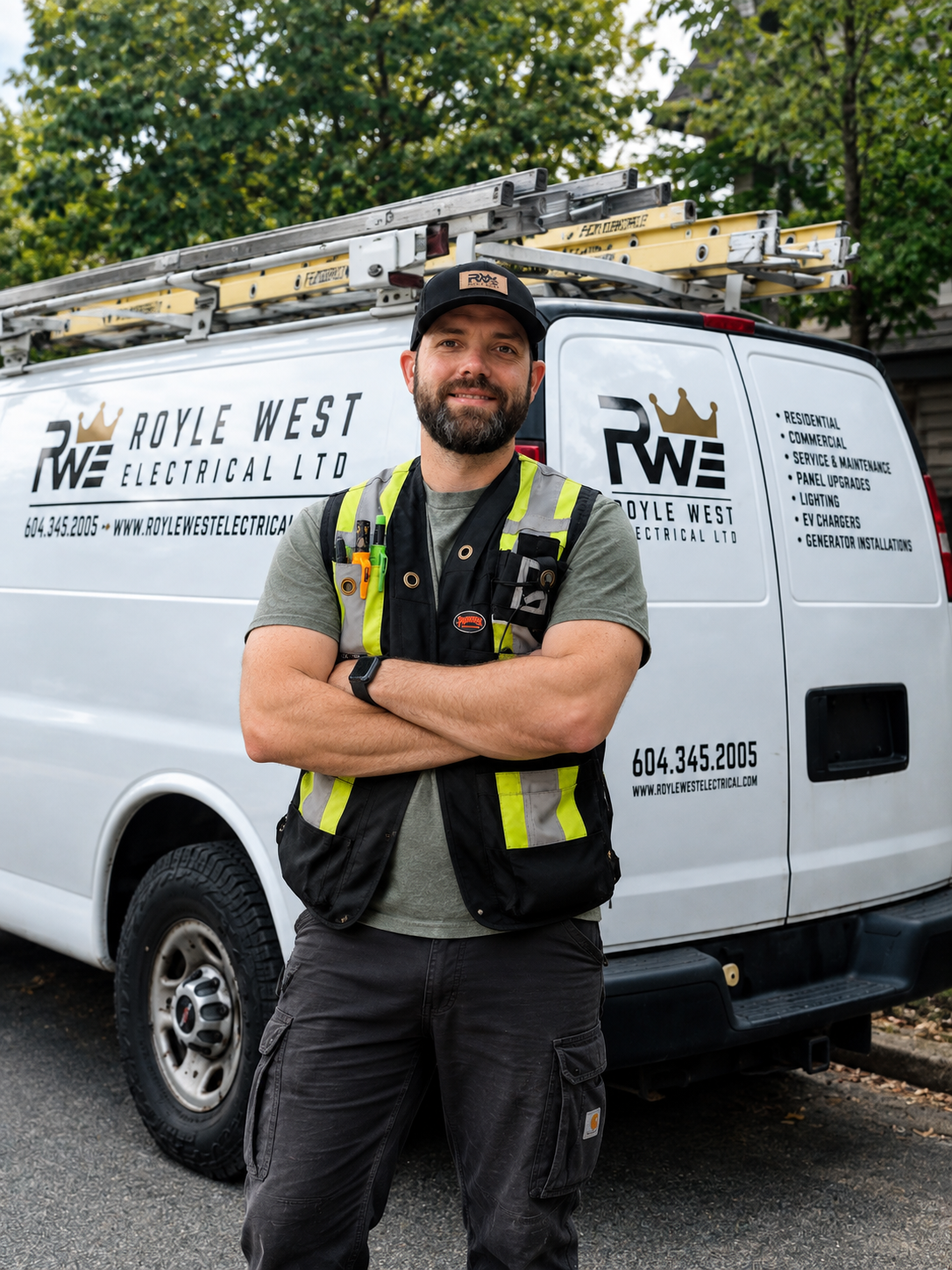 A man with a beard and a baseball cap standing with arms crossed in front of a white electrical company van with ladders on top, wearing a safety vest and work gear.