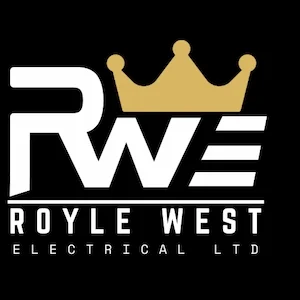 Logo of RWE and Royle West Electrical Ltd with a gold crown above the letters RWE on a black background