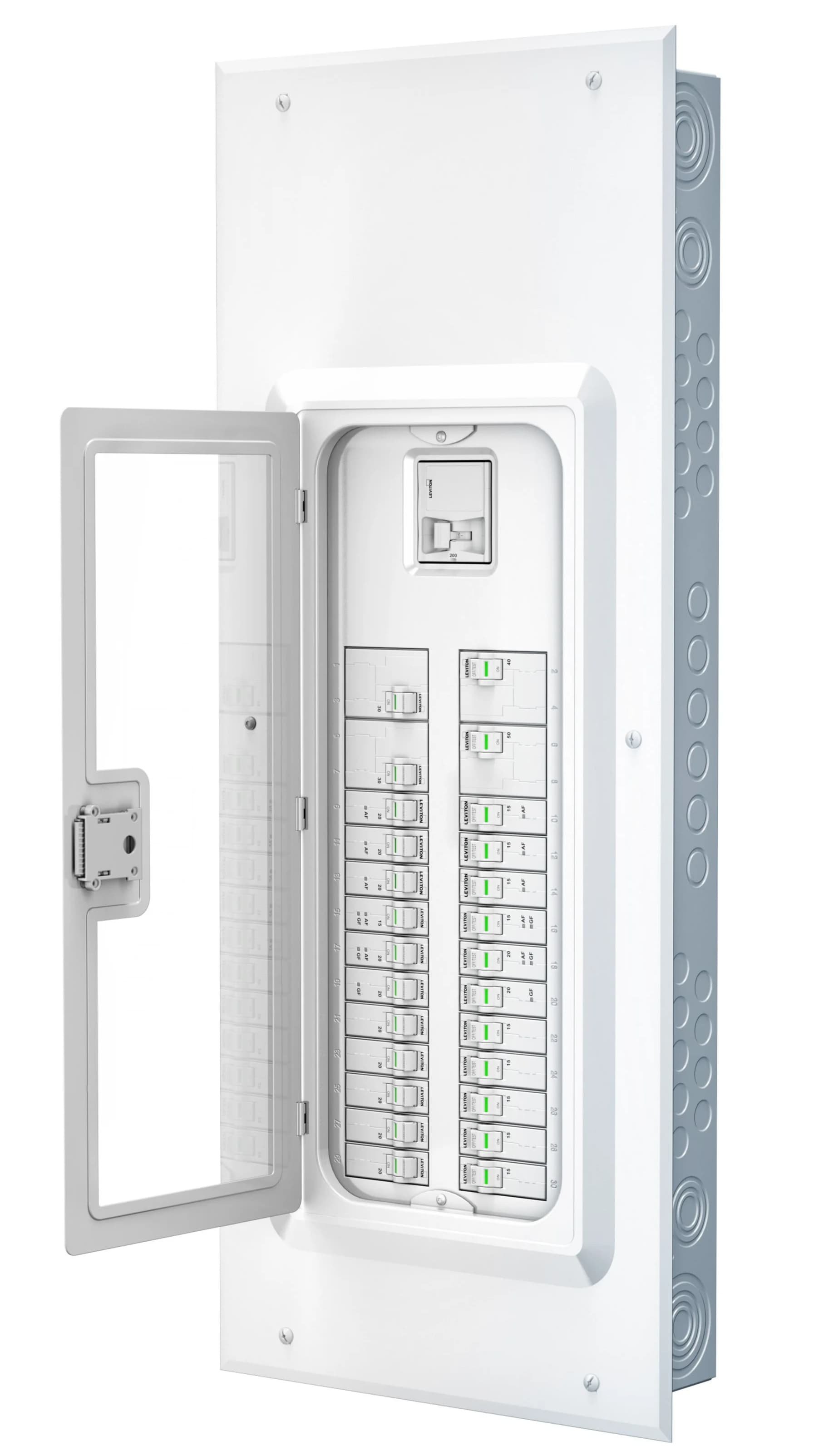 A white electrical breaker box with an open door showing multiple circuit breakers, some with green indicator lights, mounted on a wall.