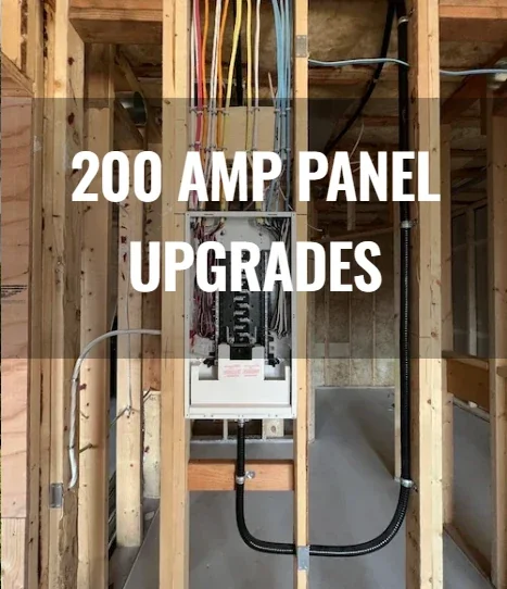 Electrical panel behind wooden framing with conduit and wiring, labeled '200 Amp Panel Upgrades'.