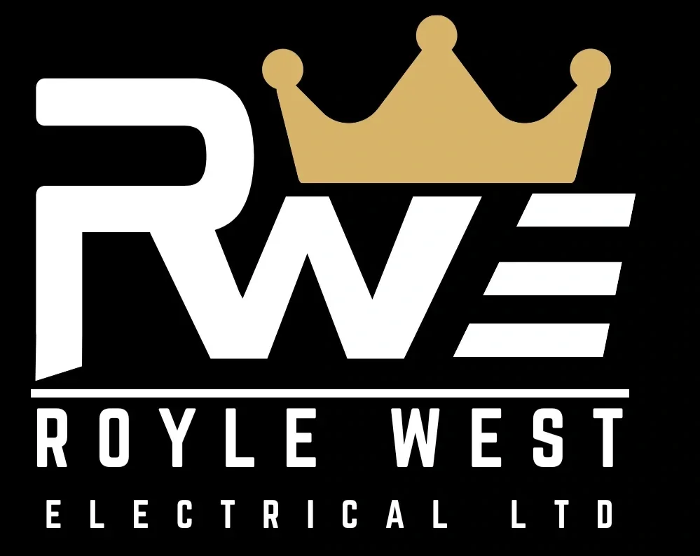 Logo of Royal West Electrical Ltd features black background with white and gold elements, including a gold crown above the white initials RWE and the company name in white text.