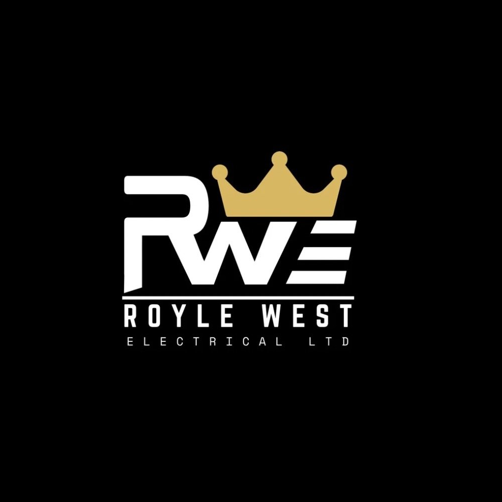 Logo for Royale West Electrical Ltd featuring a black background, bold white text 'RWE', a gold crown above the 'W', and the words 'ROYLE WEST ELECTRICAL LTD' below.