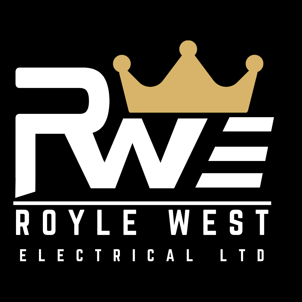 Logo for Royale West Electrical Ltd featuring a gold crown on top of stylized white initials "RWE" on a black background, with the company name "Royale West Electrical Ltd" in white text below.