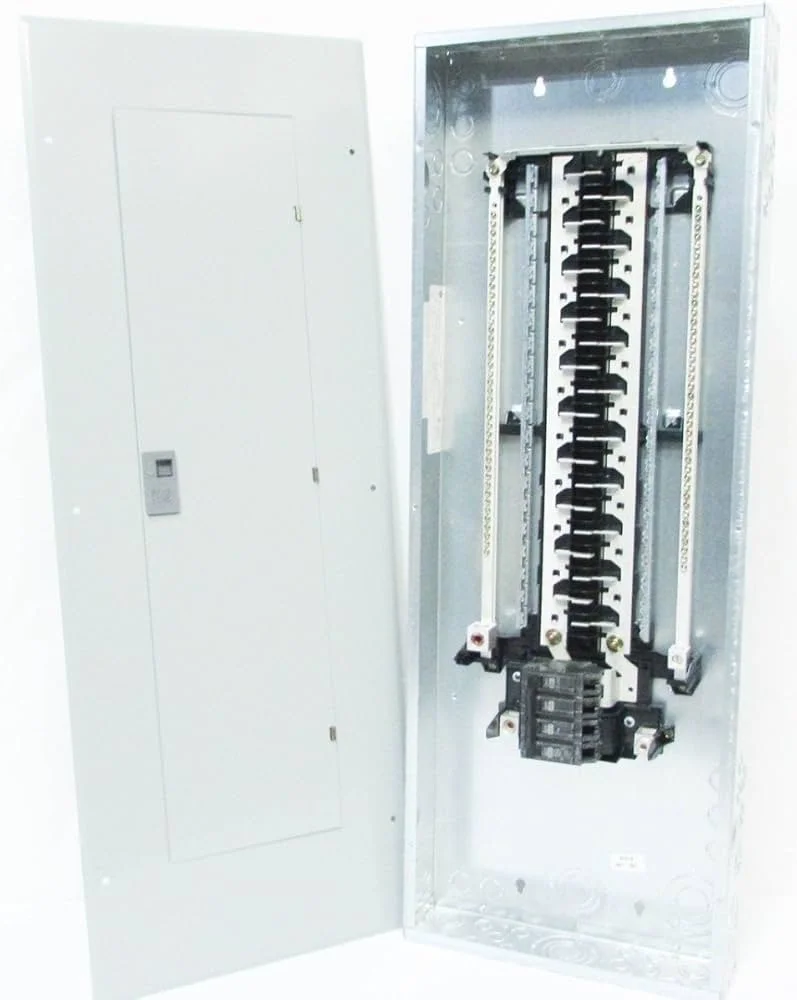 Open electrical panel with exposed circuit breakers and wiring inside a metal box.