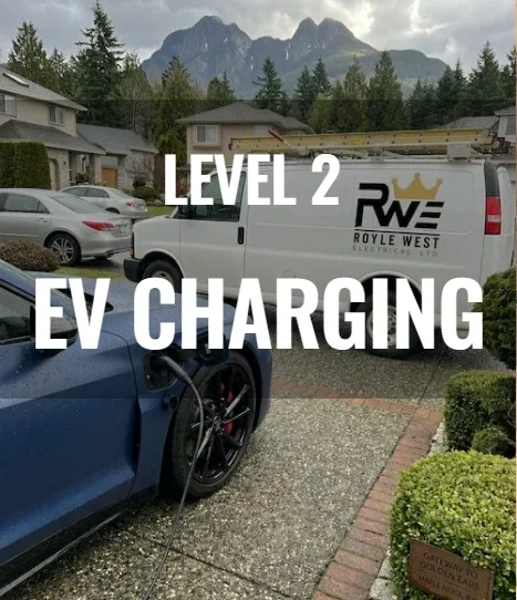 Electric vehicle charging station with a blue car connected, in a residential neighborhood with houses, trees, and mountains in the background, and overlay text that says 'Level 2 EV Charging'.