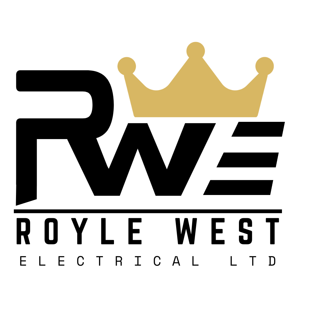 Logo for Royale West Electrical Ltd featuring a gold crown and bold black lettering.