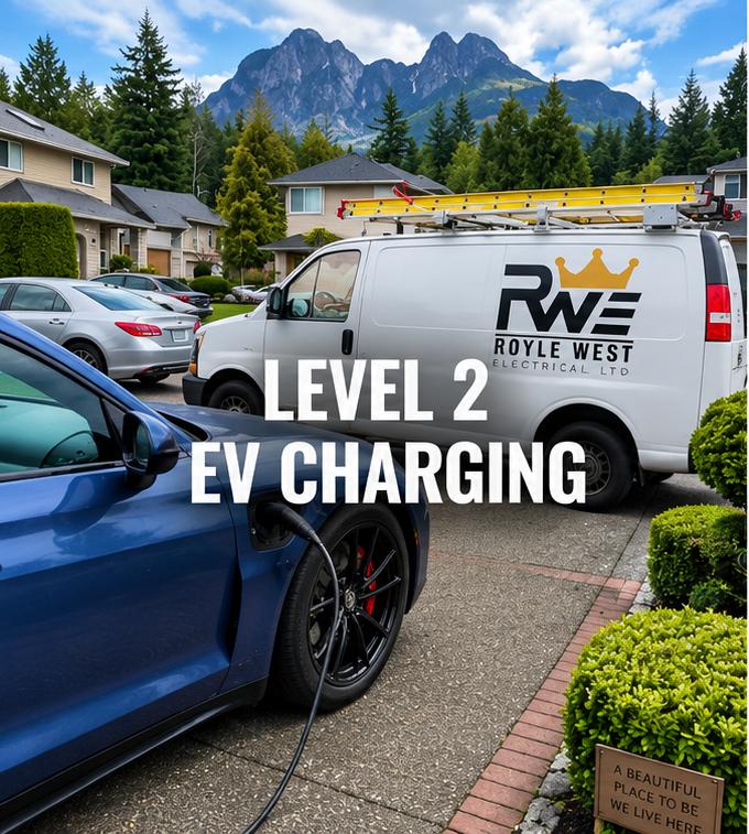 A blue electric car is charging at a Level 2 EV charging station in a residential neighborhood, with a park and mountains in the background.