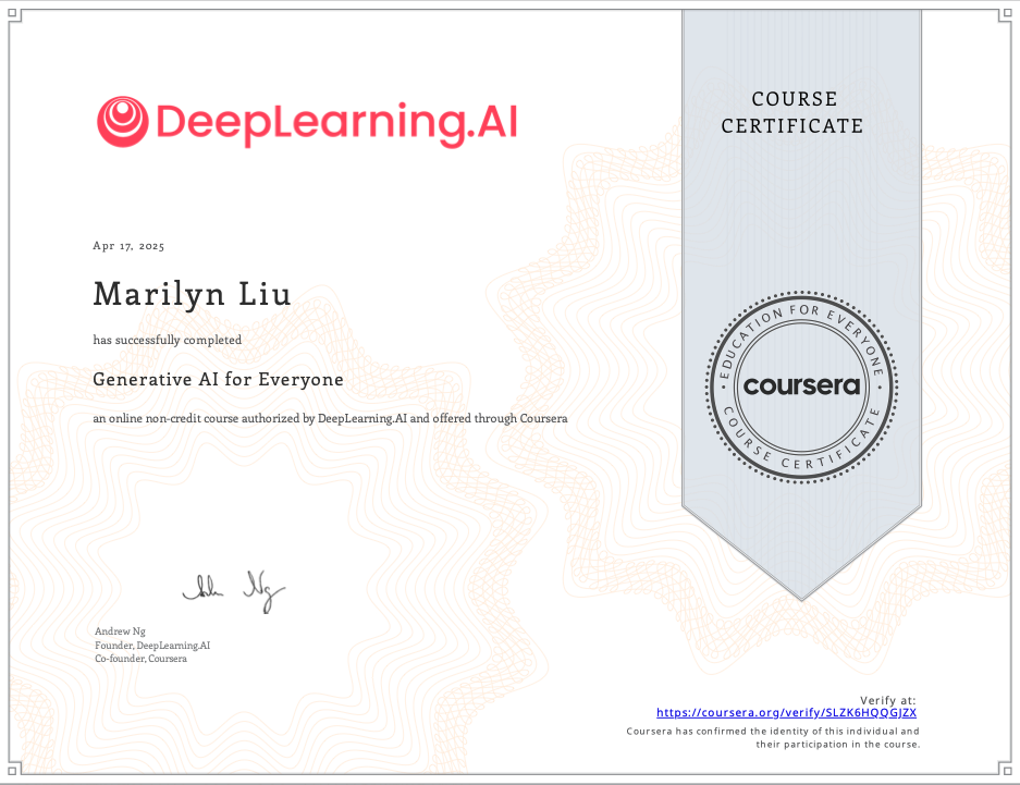 i developed a comprehensive understanding of generative ai's development, applications, and societal impact, equipping me with the strategic acumen to identify opportunities, mitigate risks, and lead the ethical scaling of innovative ai-driven soluti