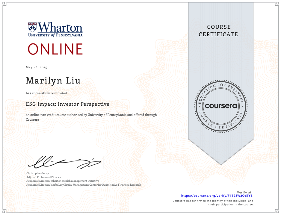 gained expertise in applying esg metrics to investment decisions, screening strategies, and impact measurement. this strengthens my ability to evaluate esg risks and opportunities, assess stakeholder priorities, and design sustainable, data-driven fu