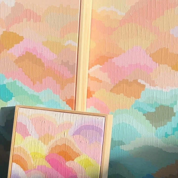 I am obsessed with the palettes and texture of these pieces 😍 Summer Dunes East & West are available for purchase at the @mt_eliza_art_design_show 💖 My ‘Tangerine Sky’ mini is available for purchase privately 😍
