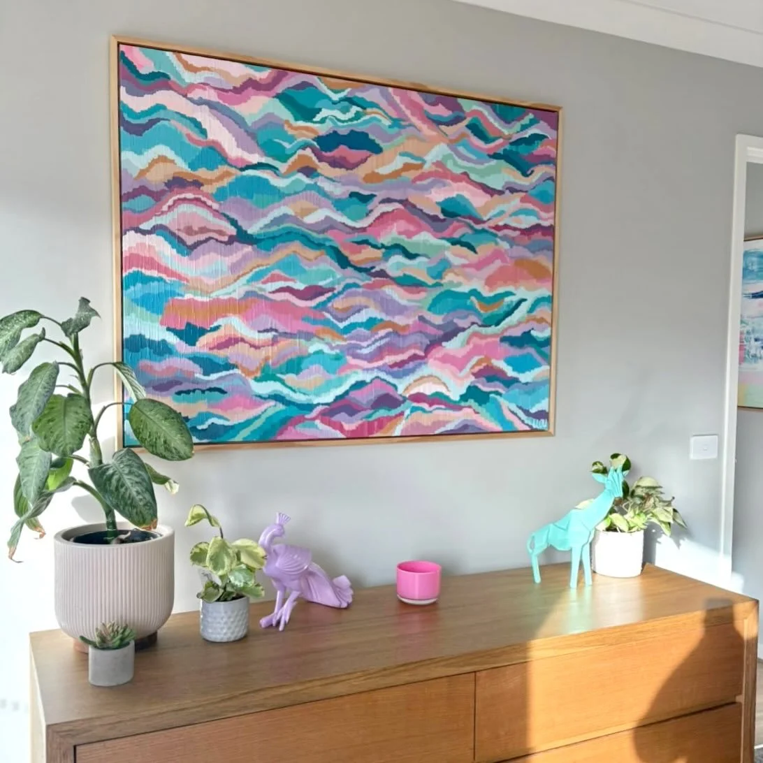 Look at these beautiful photos I received today from the lovely buyer of my original artwork &lsquo;Rockpools&rsquo; 🥹
Doesn&rsquo;t she look STUNNING up on display? 😍💖💙