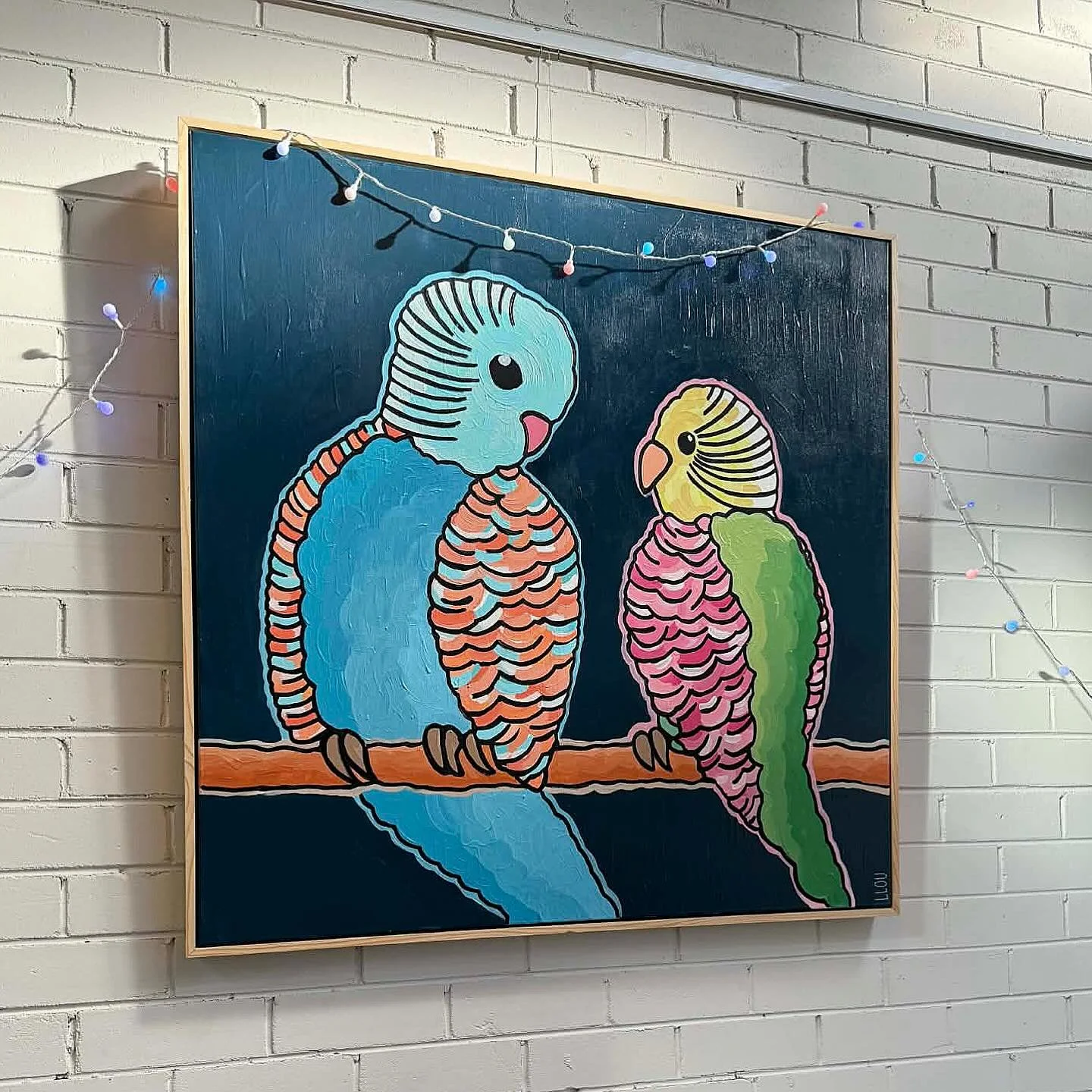&lsquo;Love Birds&rsquo; 🦜💞
106cm x 106cm framed 
Original artwork 
Purchase at THAT CREATIVE SPACE or through my website xo
