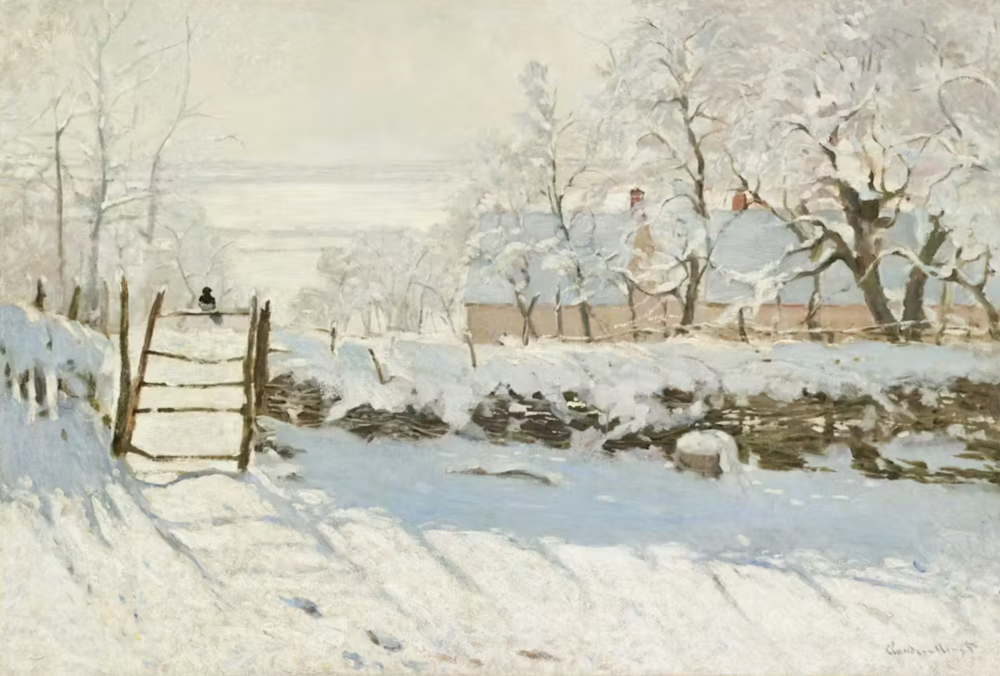 A snow-covered rural scene with a wooden gate, soft winter light, and a small magpie perched on a fence. Painted by Claude Monet in an Impressionist palette.
