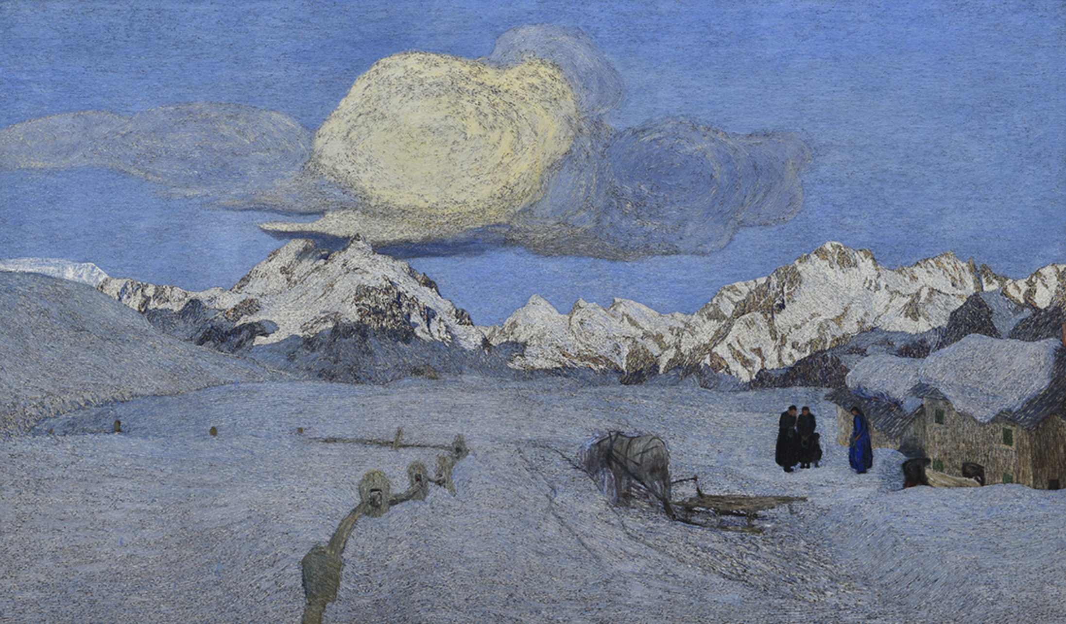 A snowy Alpine valley at dusk with mountains, a glowing sky, and small figures near a sled. Part of Segantini’s Alpine Triptych, painted in St. Moritz.