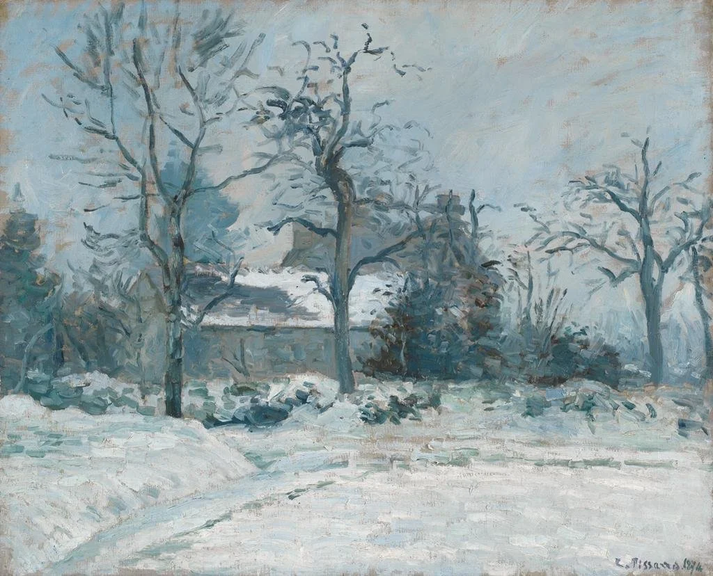 A quiet village landscape painted in cool blues, with leafless trees and snow-covered ground. Camille Pissarro’s Impressionist view of rural winter life.
