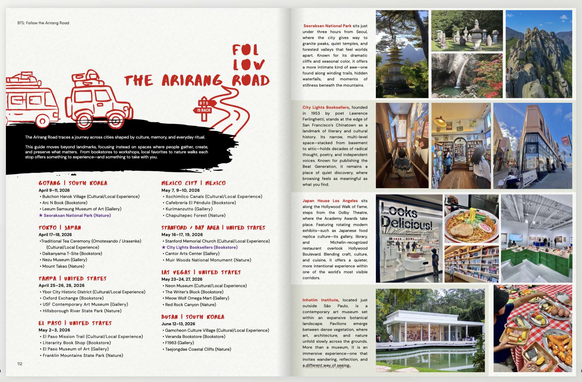 The Noun Magazine's Follow the Arirang Road editorial spread from No. 001 The Archivist, featuring cultural destinations, museums, bookstores, and nature stops along BTS's 2026 ARIRANG world tour.