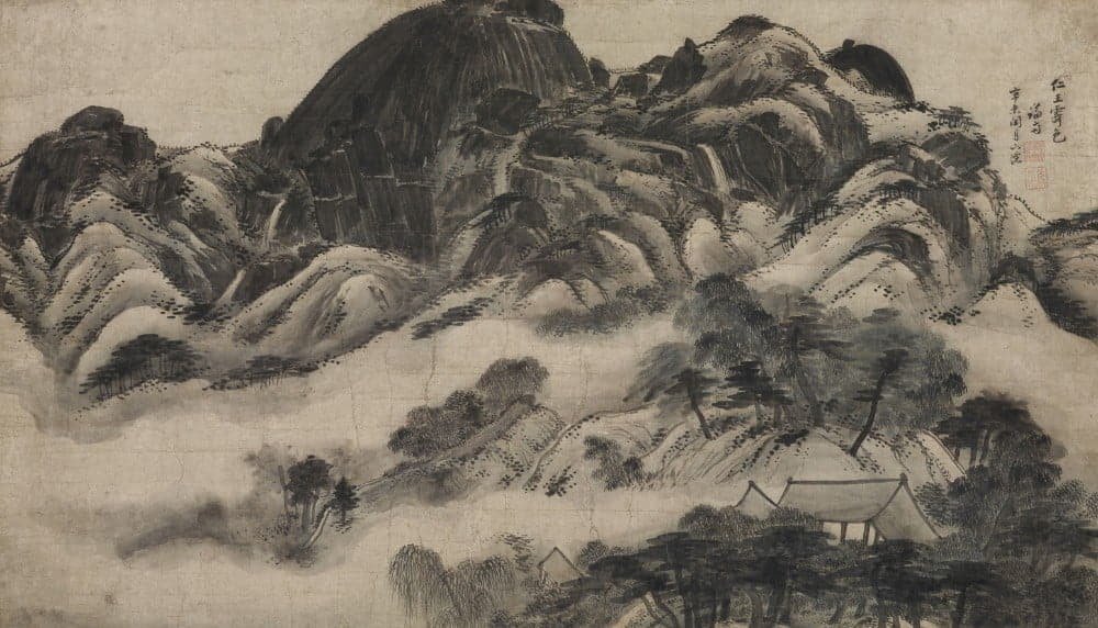 A Korean ink painting of Mount Inwang after rain, showing mist-covered peaks, trees, and small houses. A landmark “true-view” landscape by Jeong Seon.