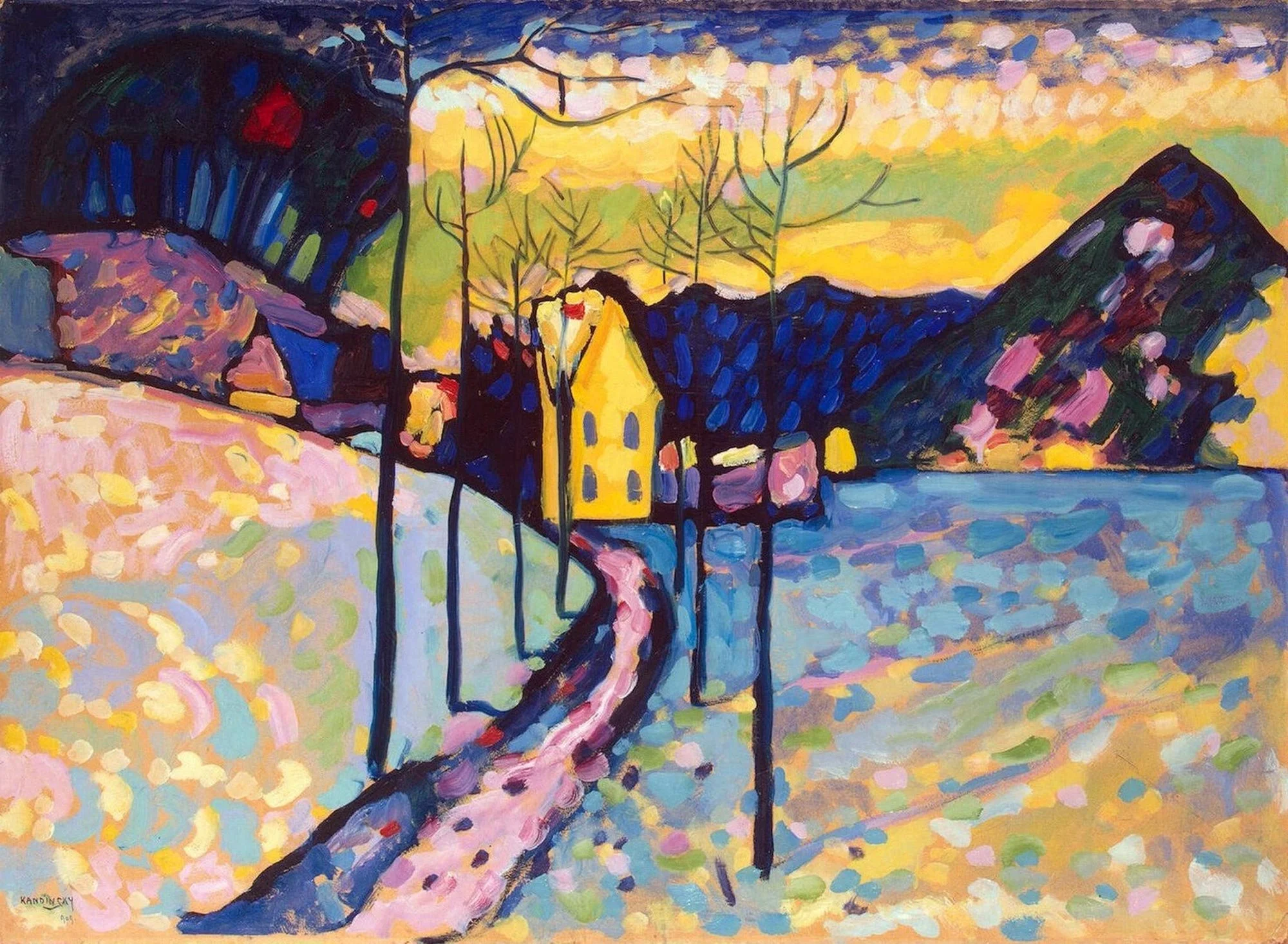 A colorful abstracted winter scene with snow, a winding road, and vivid yellows, pinks, and blues. An early Kandinsky work from his transition to abstraction.