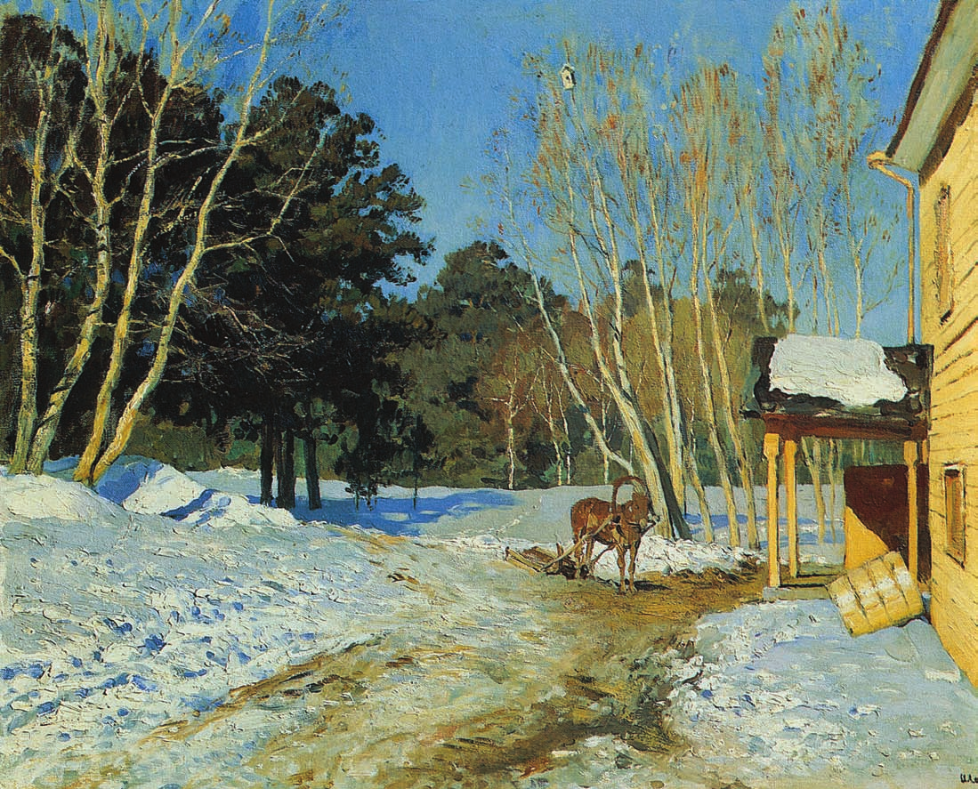 A sunlit snowy yard with a wooden house, tall pines, and a horse-drawn sleigh. Isaac Levitan’s early-spring winter landscape showing melting snow and warm light.