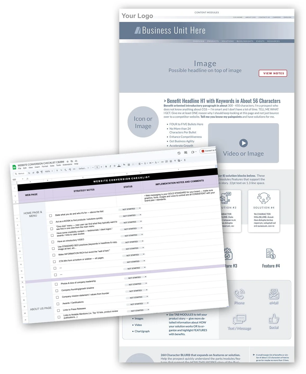 Screenshot of a website template and an overlaid spreadsheet, showcasing a business webpage layout and a website conversion checklist.