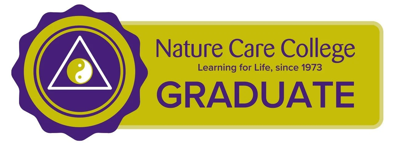 A graduate badge for Nature Care College with a purple and yellow color scheme, a yin-yang symbol inside a triangle, and text indicating 'Learning for Life, since 1973' and 'GRADUATE.'