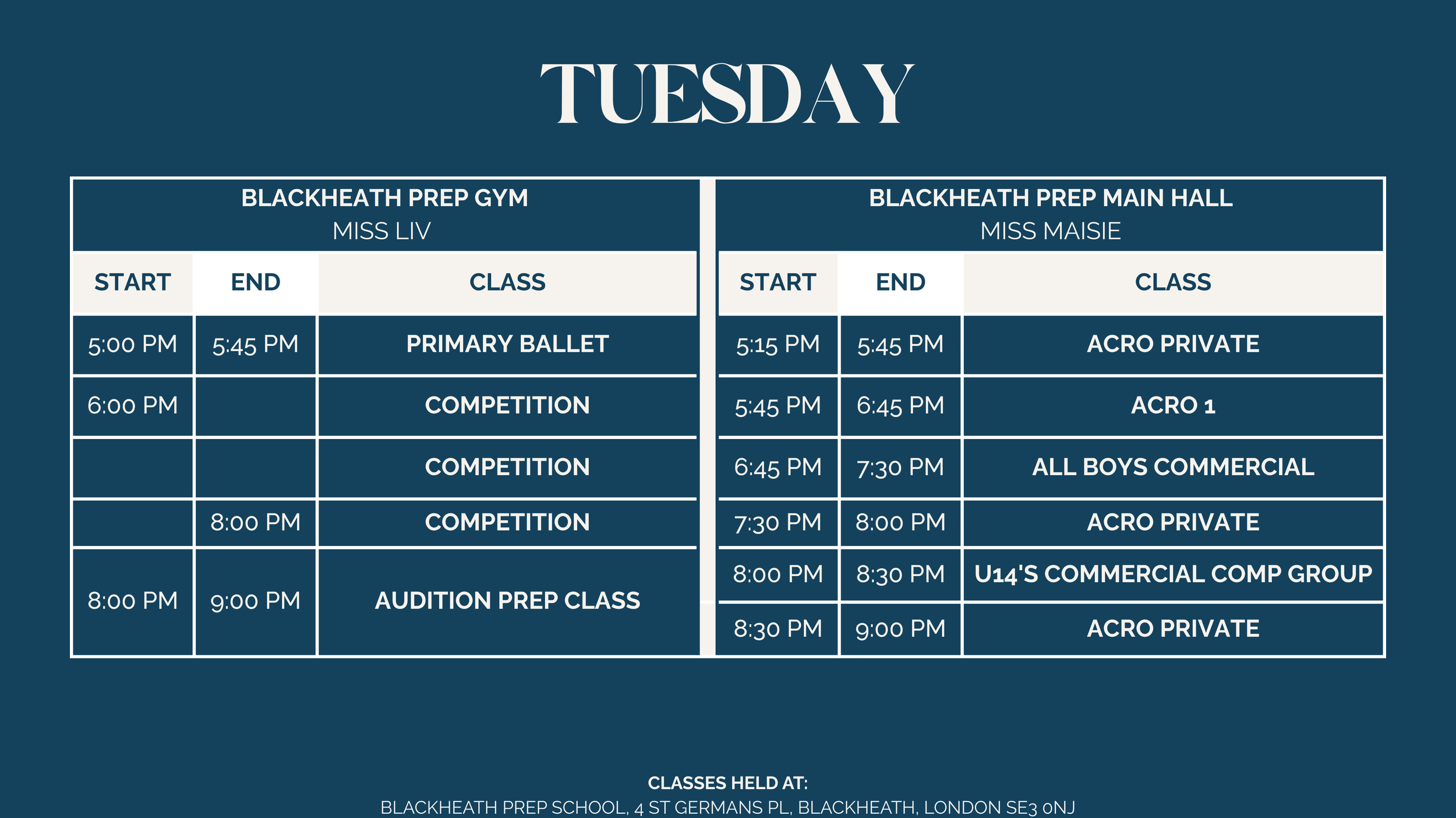 Weekly schedule for Tuesday at Blackheath Prep School, listing classes and times for Miss Liv and Miss Maisie in the gym and main hall buildings.