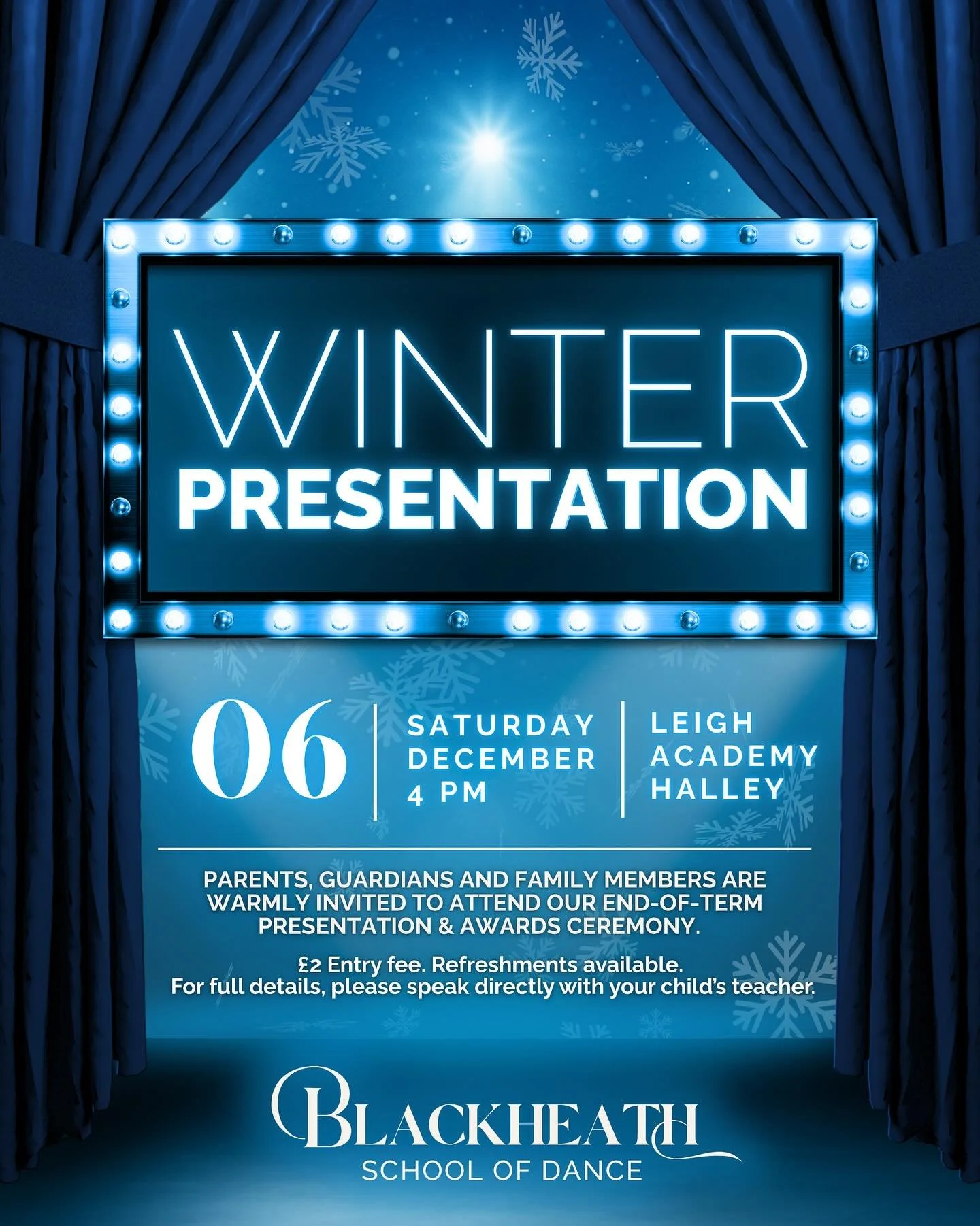 ✨ End of Term Presentation & Awards Ceremony – Winter 2025 ✨
We’re so proud to invite family and friends to an informal showcase and awards ceremony celebrating the progress and hard work of our students this term.
📍 Leigh Academy