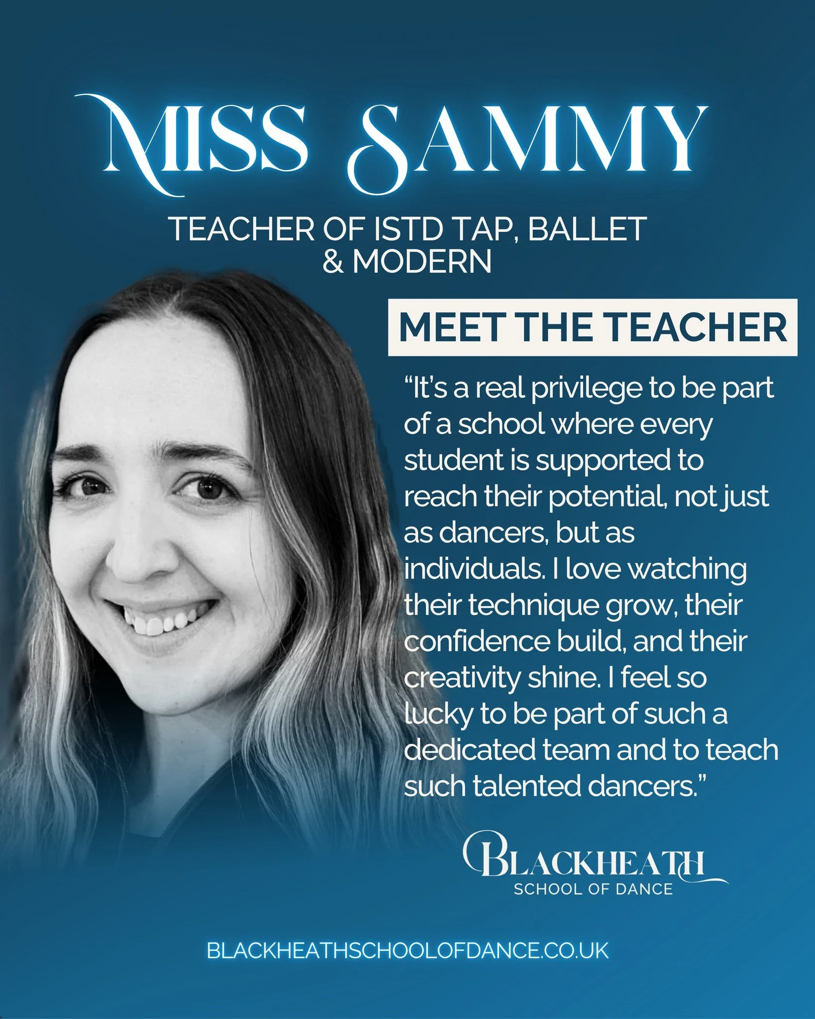 ✨ MEET MISS SAMMY ✨
Miss Sammy teaches ISTD Ballet, ISTD Modern and ISTD Tap, sharing her expertise and warmth with dancers of all ages. Her classes support students to grow in both confidence and technique, with a focus on musicality, performance a