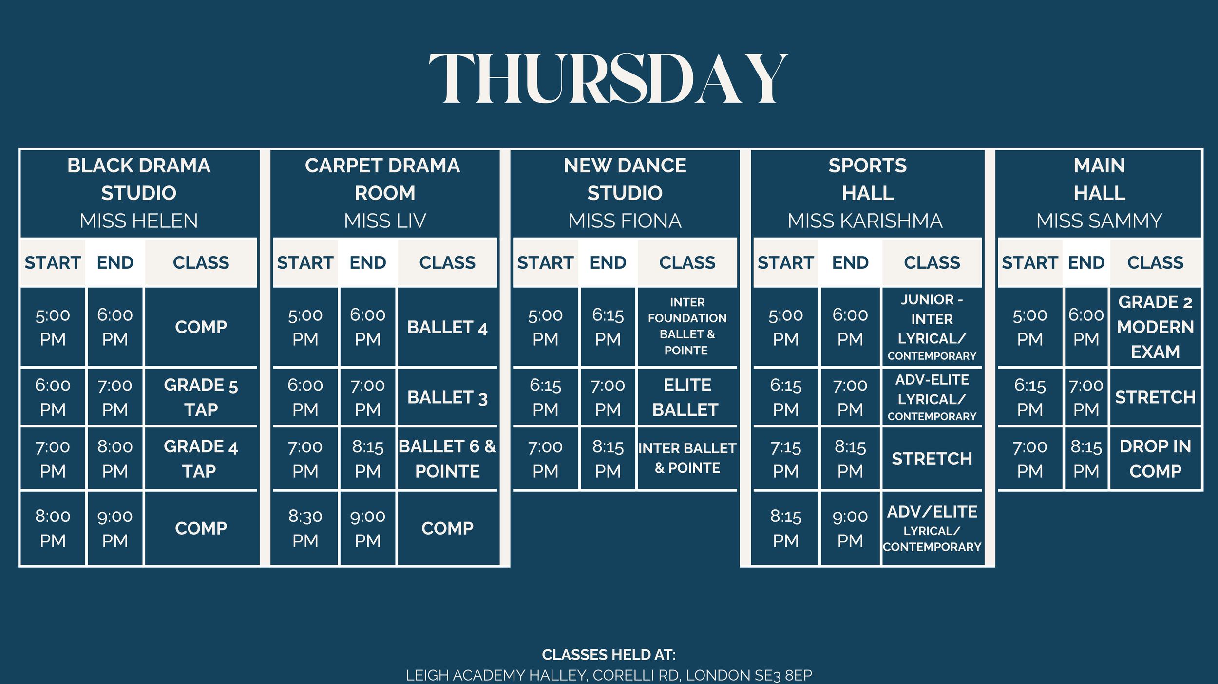 Schedule of classes for Thursday at Leigh Academy Halley, listing times, class names, instructors, and locations across five different studios and halls.