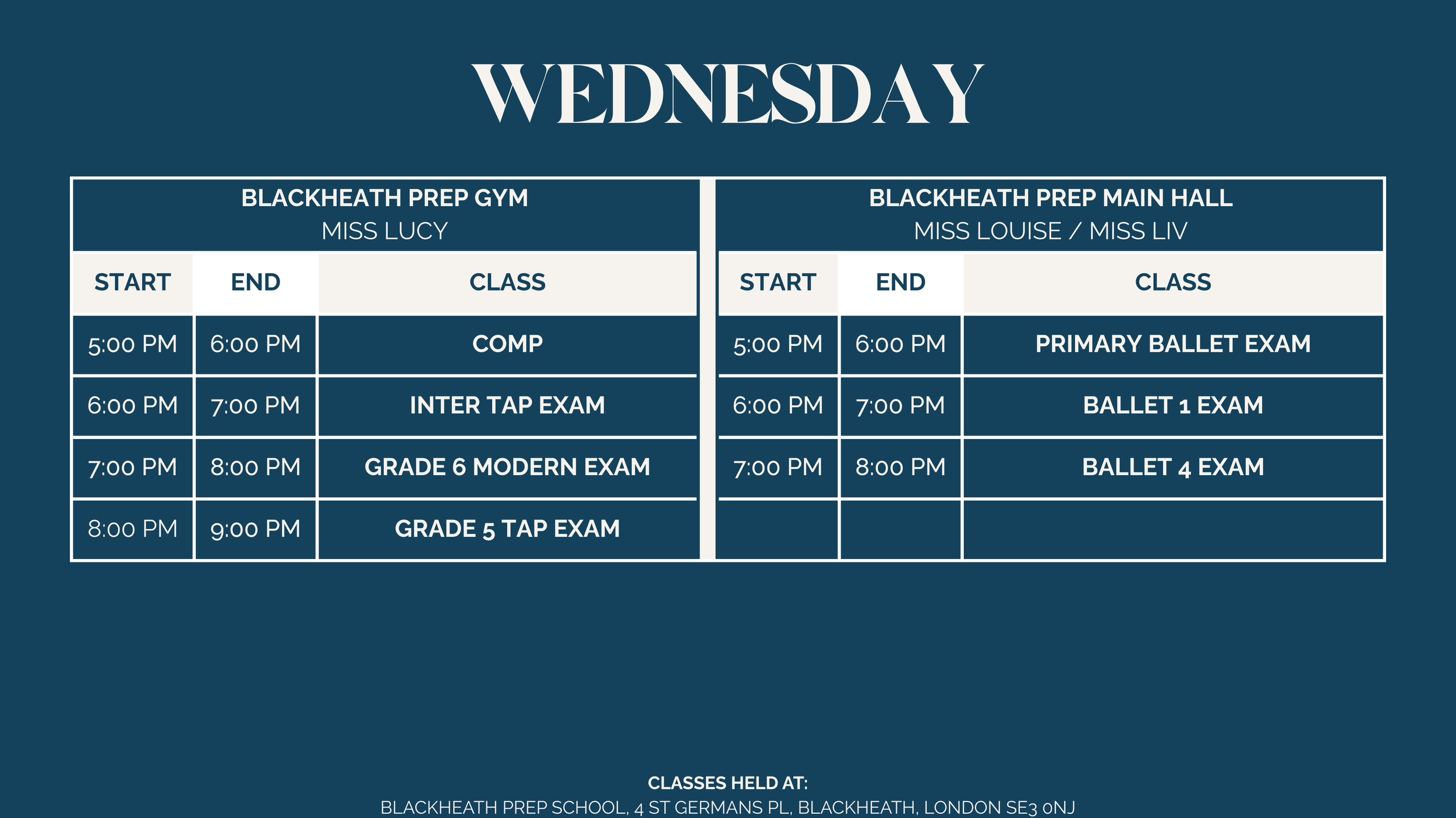 Weekly class schedule for Blackheath Prep School on Wednesday, listing classes in the prep gym for Miss Lucy and in the main hall for Miss Louise and Miss Liv, including exam and ballet classes.