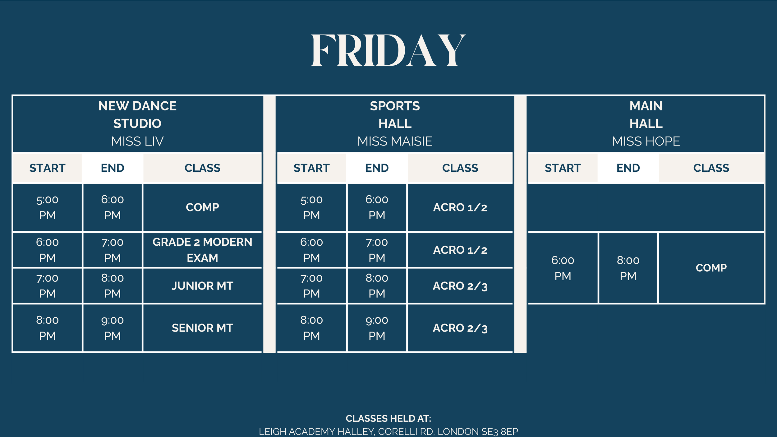 Schedule for Friday showing dance, sports, and main hall classes at Leigh Academy Halley, including times and class names.