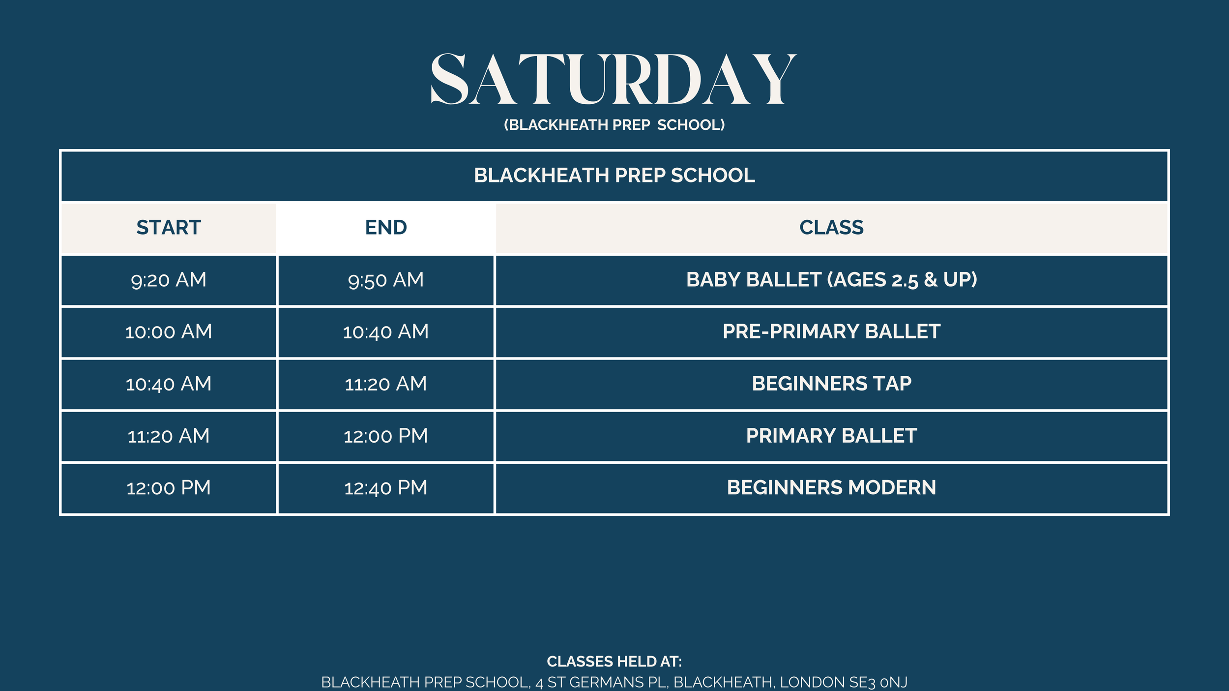 Weekly schedule for Blackheath Prep School on Saturday, showing class times and locations, starting at 9:20 AM with Baby Ballet for children aged 2.5 and up, ending at 12:40 PM with Beginners Modern. Location details at the bottom.