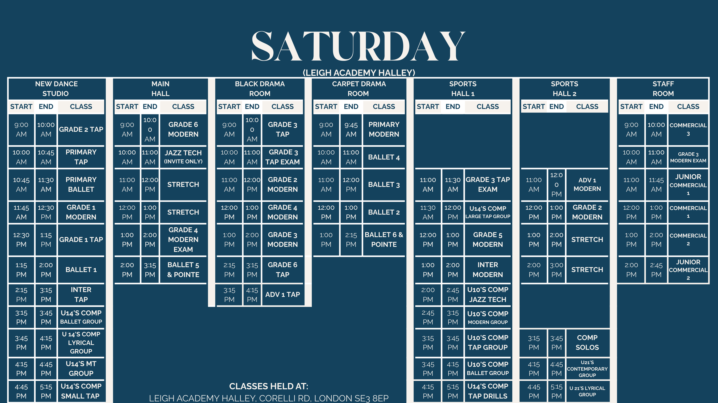 Weekly dance and drama schedule for Leigh Academy Halley, with classes listed in different rooms and times from 9:00 AM to 5:15 PM.