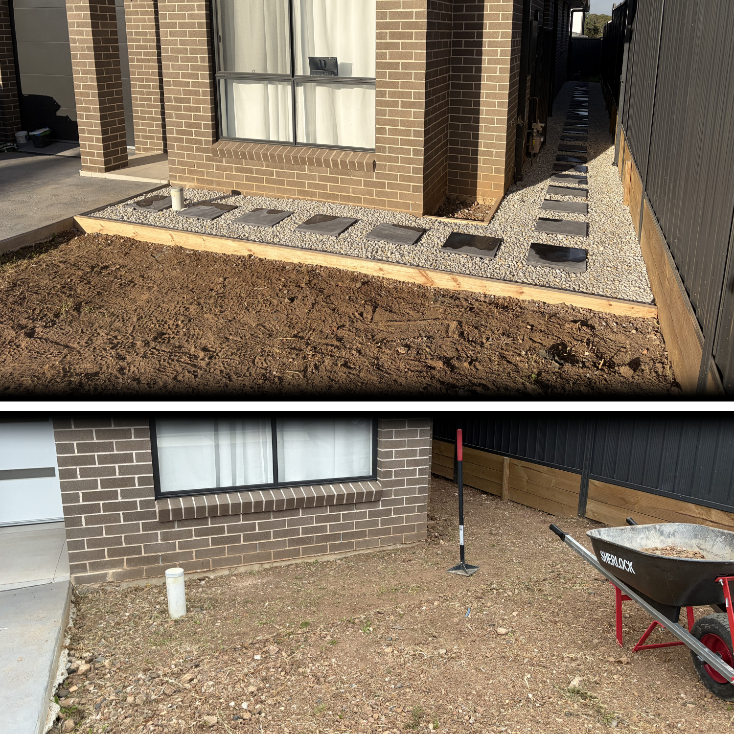 Side yard of a house with brick exterior, ongoing landscaping work, paving stones, gravel, and construction tools.