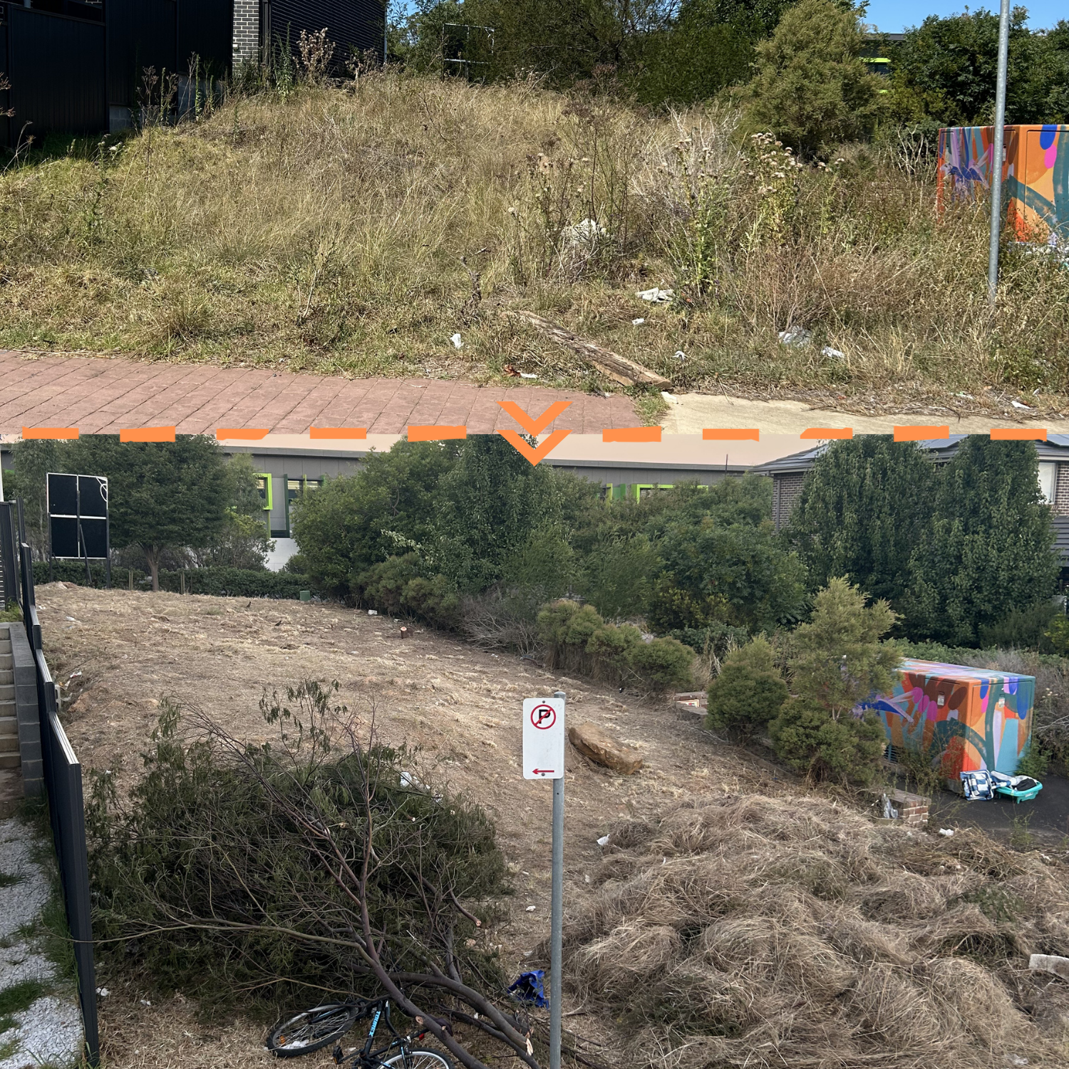 Comparison of the same hillside before and after landscaping work. Top image shows overgrown grass and weeds; bottom image shows cleared, leveled ground with bushes and trees planted.
