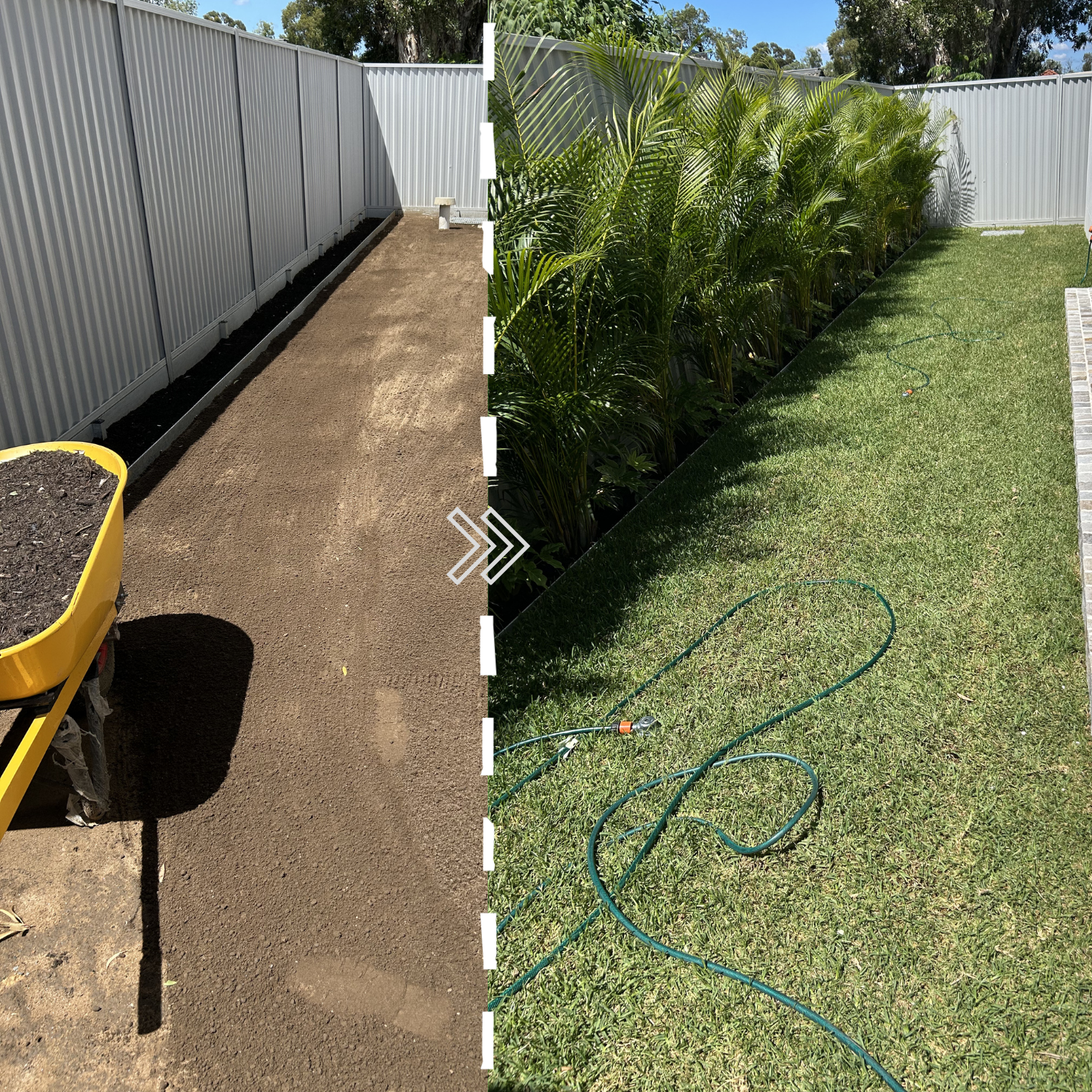 Comparison of two garden areas, left side shows a dirt pathway with a yellow wheelbarrow, right side shows a grassy area with a garden hose and lush plants.