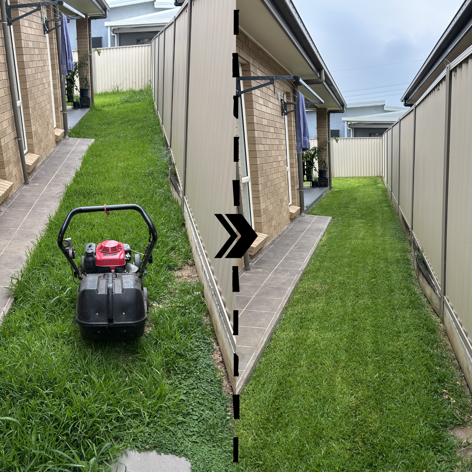 A side-by-side comparison of a yard before and after lawn care. The left side shows a patch of overgrown grass with a lawnmower, while the right side shows neatly trimmed grass behind a fence.