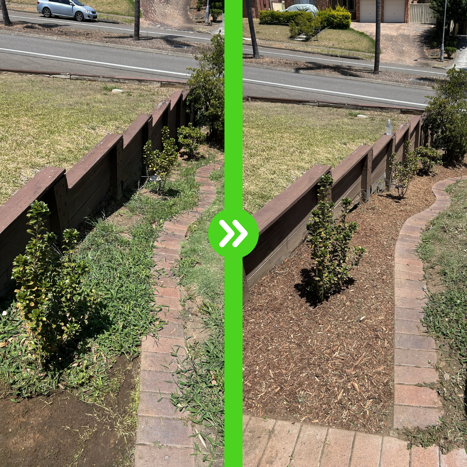 Side-by-side comparison of a garden bed with a brick border before and after gardening. The left side shows overgrown plants and weeds; the right side shows the bed cleaned up with neatly trimmed plants and mulch.