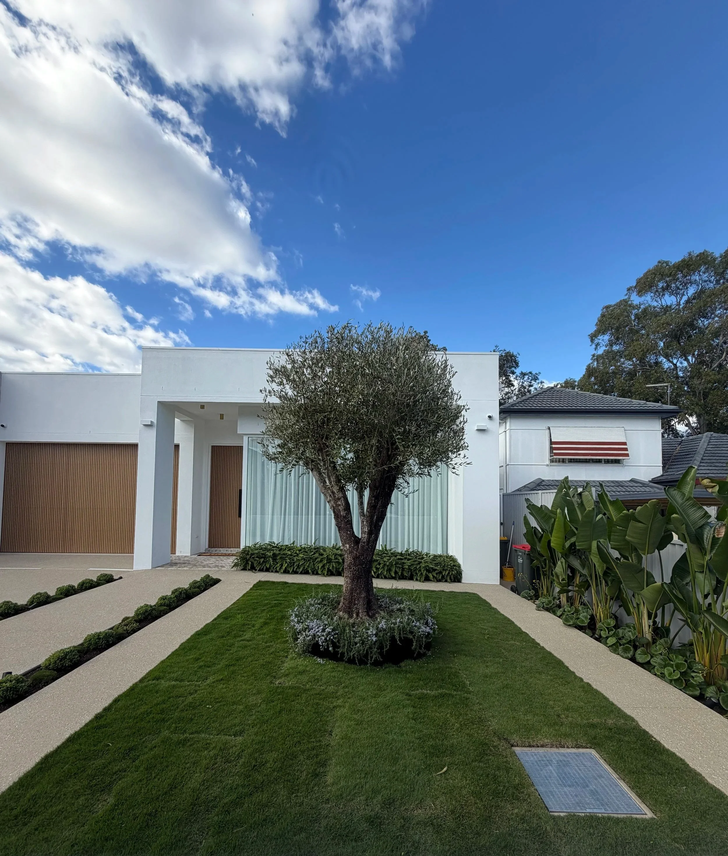 Modern white house with a flat roof, surrounding a lush green lawn, and a large tree in the front yard. A paved pathway leads to the house entrance, flanked by small bushes. The sky above is blue with scattered clouds.