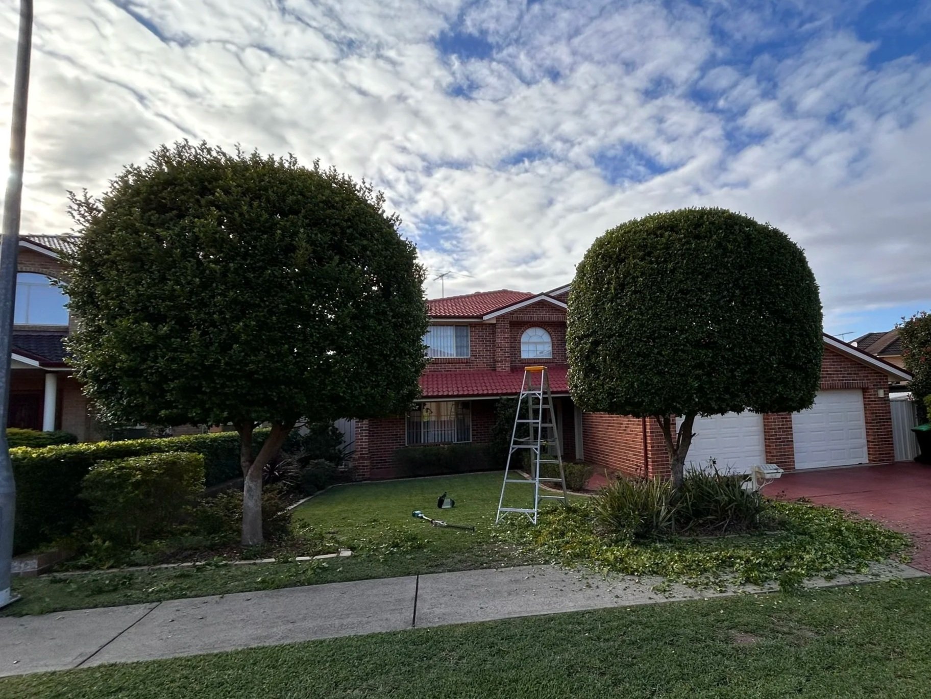 Front yard of a house with two pruned trees, a ladder, and some gardening tools on the ground, under a blue sky with scattered clouds.