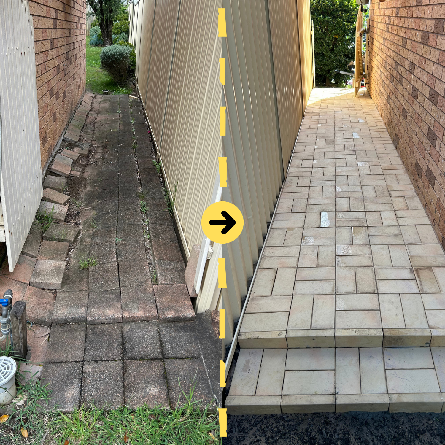 Comparison of an old, worn outdoor walkway with overgrown grass and uneven pavers on the left, and a newly renovated, clean tiled walkway on the right.