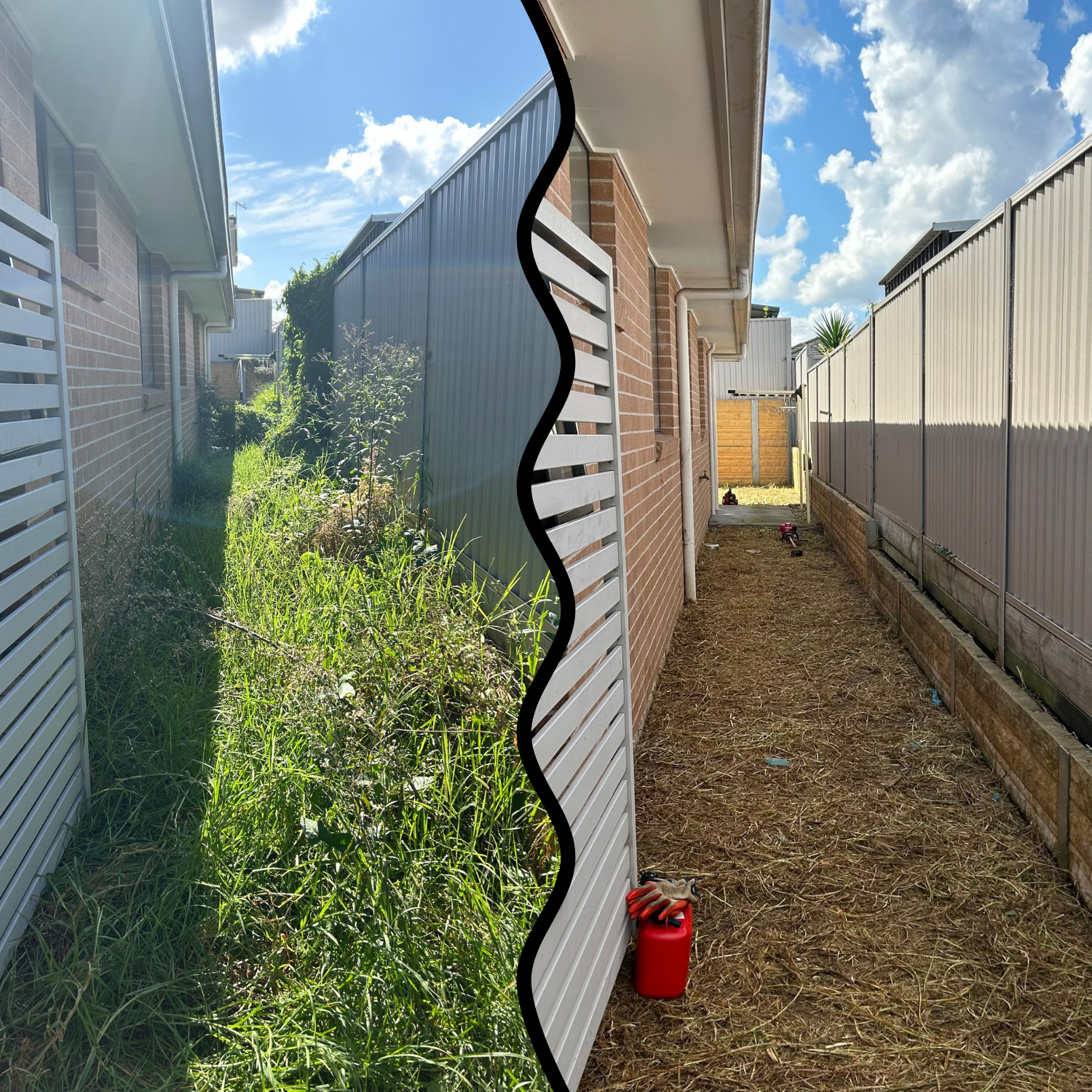 Side-by-side comparison of two fences: the left fence is overgrown with tall grass and weeds, the right fence is clean and well-maintained with a dirt pathway in between.