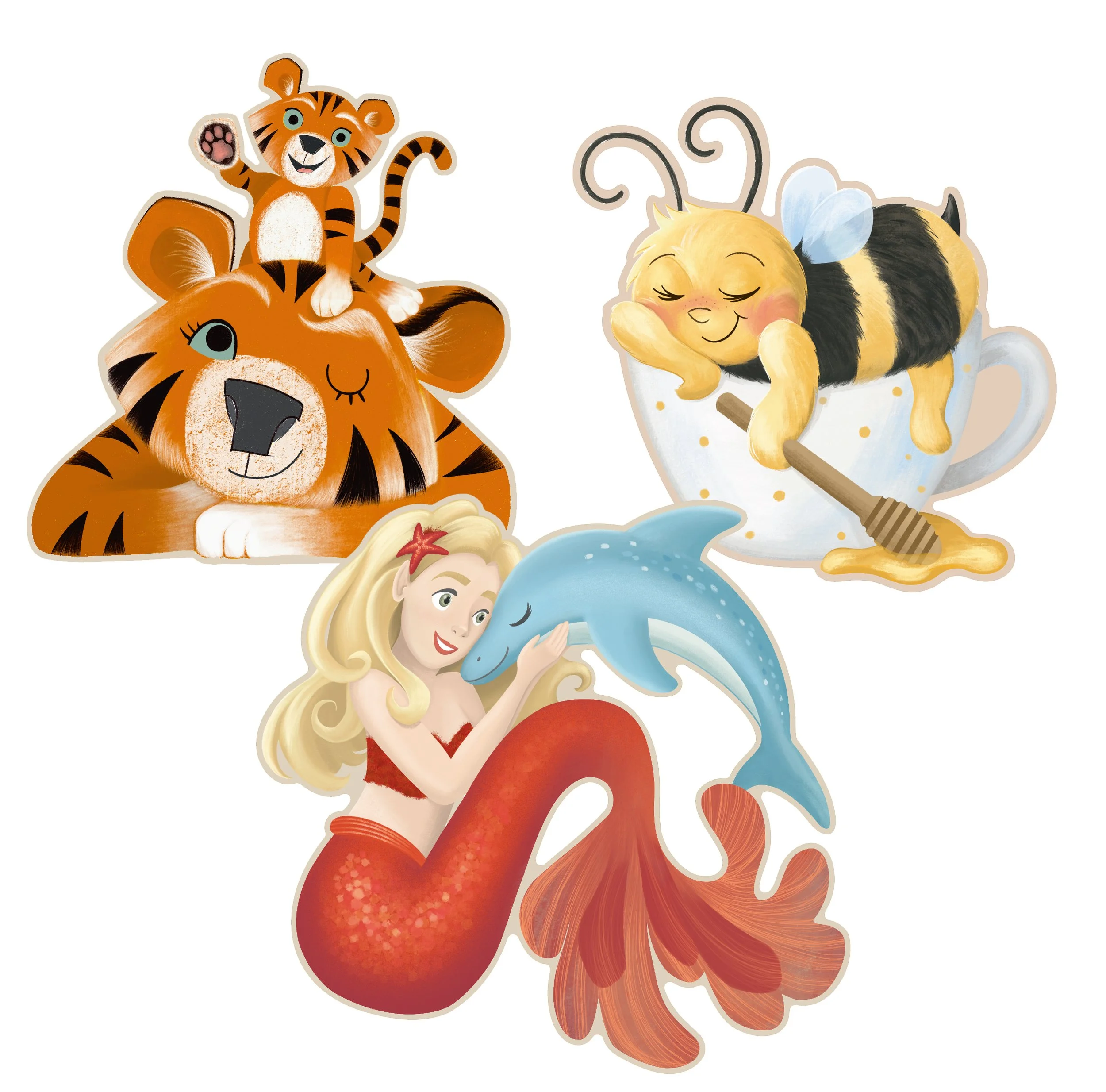 Wand deko aus Holz für Kinderzimmer: Tiger mit Tigerbaby, eine schlafende Biene auf einem Tassen-Bett,  Meerjungfrau mit einem Delfin.